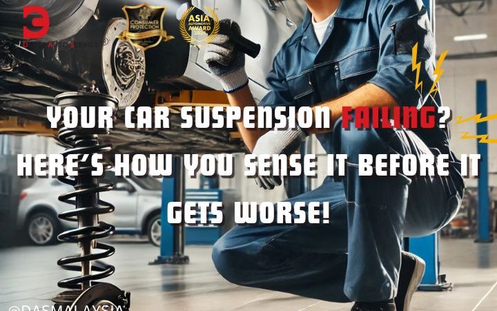 A professional mechanic inspecting a car suspension system in a well-lit auto repair shop. The mechanic is using a flashlight to examine the shock absorbers and suspension components.