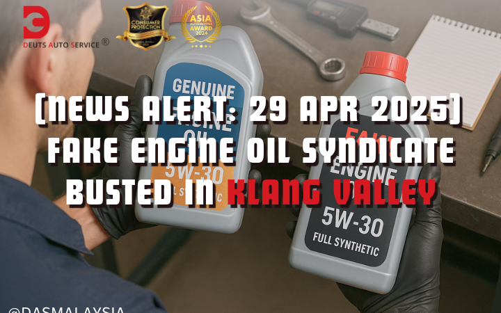 Mechanic inspecting suspected counterfeit engine oil bottles