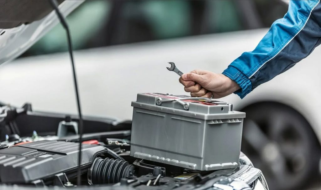 Mechanic testing car battery health